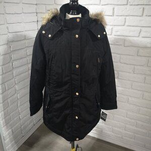 NWT Gallery NY Ladies Size Large Black Faux Fur Trimmed Removable Hood Parka